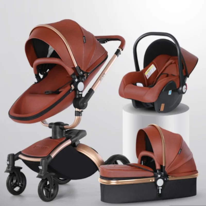 Poussette de Luxe en Cuir AGAPE 3 en 1 pour Bébé de 0 à 3 Ans, Landau à 4 Roues de Haute Qualité, avec un Design de Taux 360