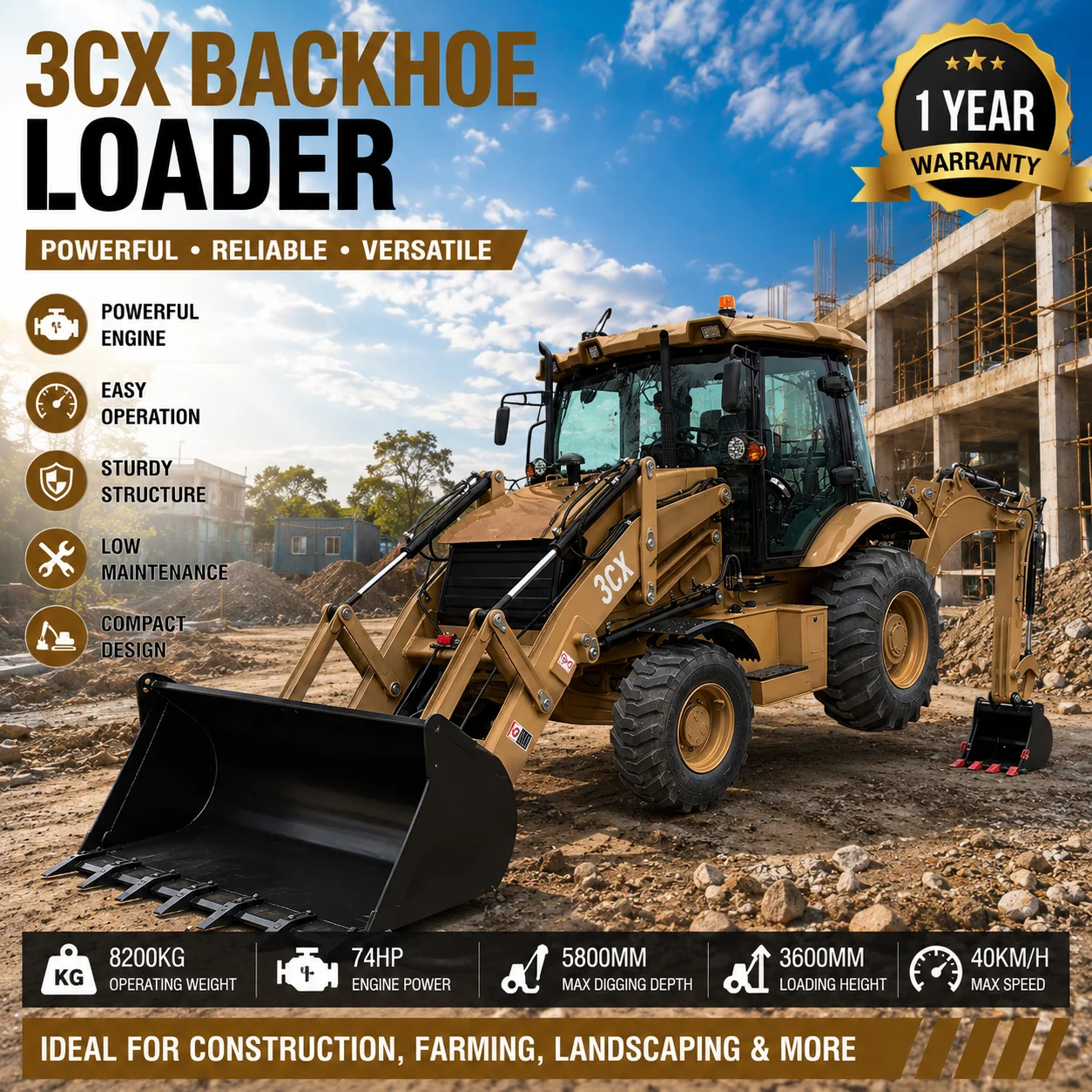 3CX Radlader-Baggerlader, hydraulischer Baggerlader, 4WD Diesel-Baggerlader mit geschlossener Kabine