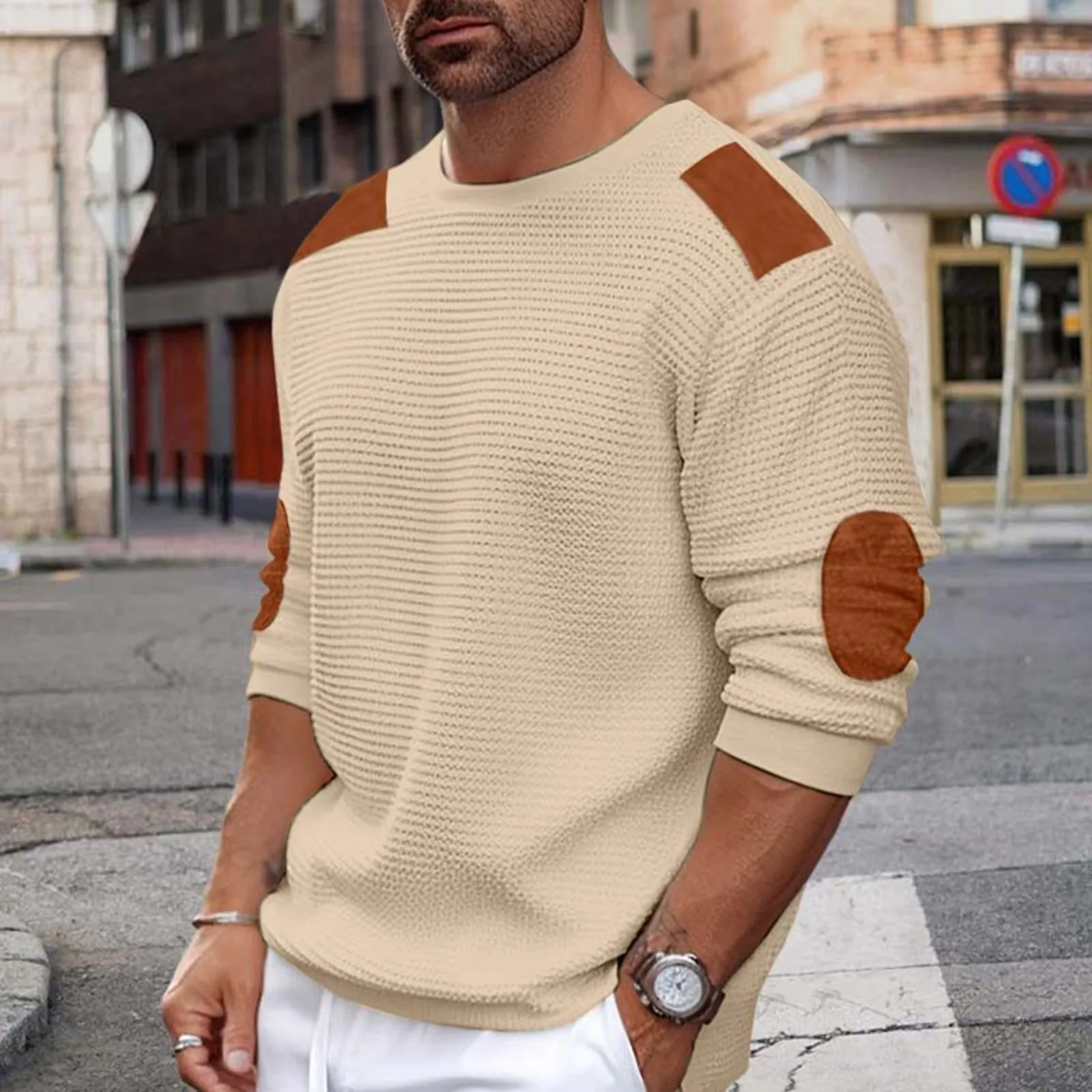 

Mens Fashion Leisure Simple Autumn And Winter Leisure Threaded Neckline Raglan Sleeve Pullover Retro Japanese style sudadera
