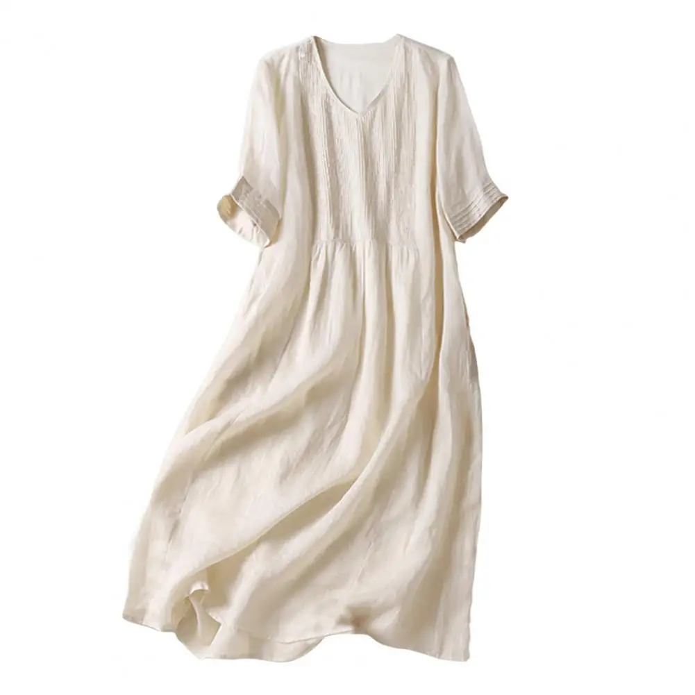 

Summer Women Dress Pleated Short Sleeves V Neck Loose A-line Retro Double-layered Midi Dress