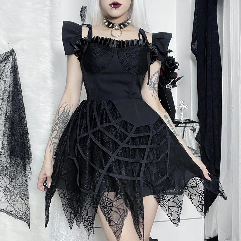 Gothic Black Dress Party Spiderweb Patchwork Lace Lace-up