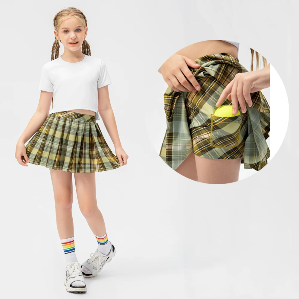 Kids Sport Skort with Pockets Girls Teen Pleated Checks Anti-glare Dance Golf Tennis Running Shorts with Skirt