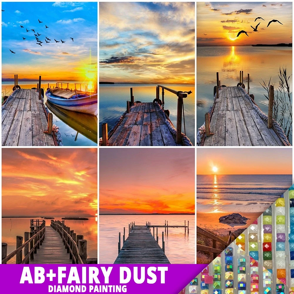 

AB Fairy Dust Diamond Painting 5D Landscape Embroidery Sunset Mosaic Cross Stitch Bridge Home Decor Full Drill DIY Crafts