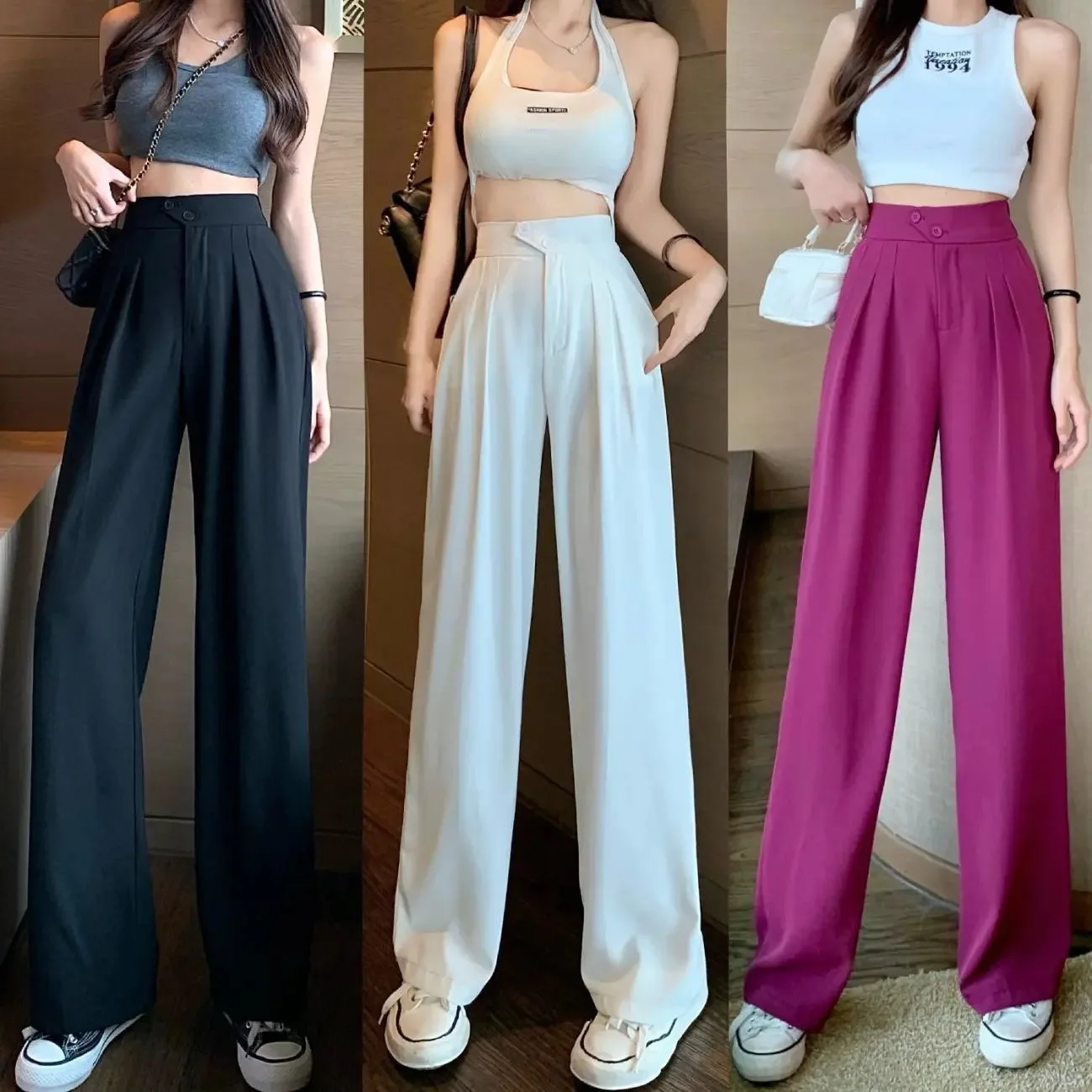 

Straight Wide Legged Pants Female Spring and Fall High Waisted Big Yards Loose Casual Drag Suit Pants Women Clothing Trousers