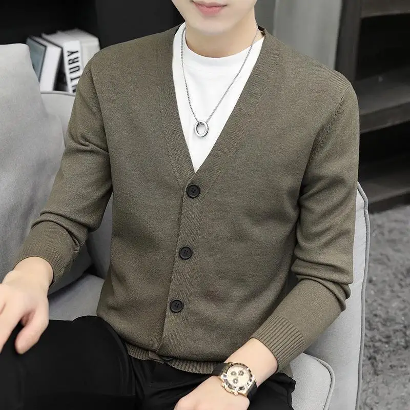 Autumn Winter New Men Sweater Coat V-Neck Solid Single Breasted Korean Fashion Casual Slim Long Sleeve Cardigan Knitted Tops 4