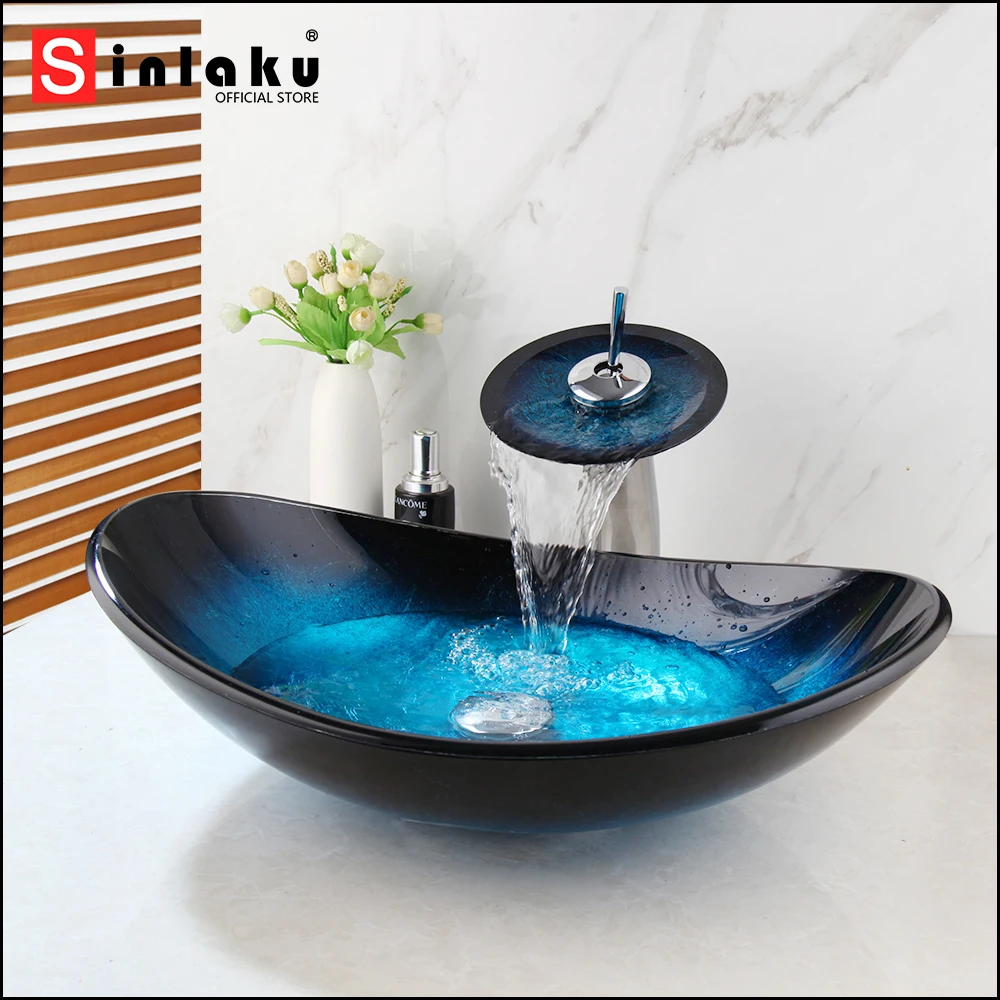 SINLAKUBathroomBasinSetBlueTemperedGlassBasinDeckMounted