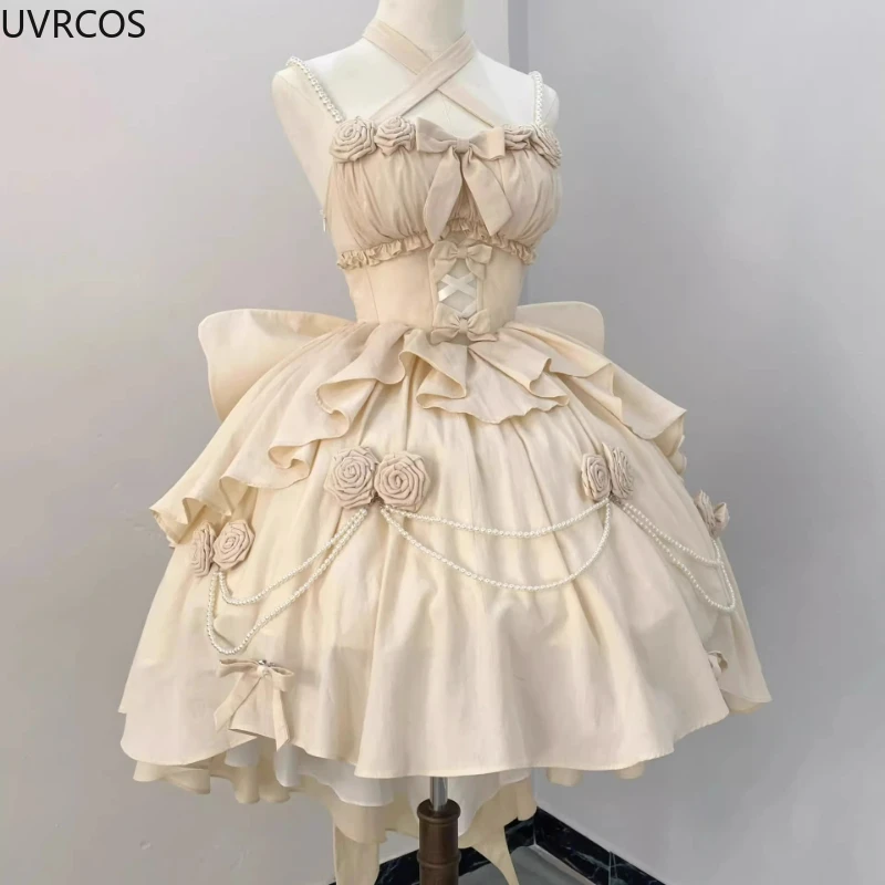 Retro Victorian Lolita Dress Elegant Women Sweet Bow Pearl Chain Ruffles Rose Flower Kawaii Gradient Pink Princess Dress