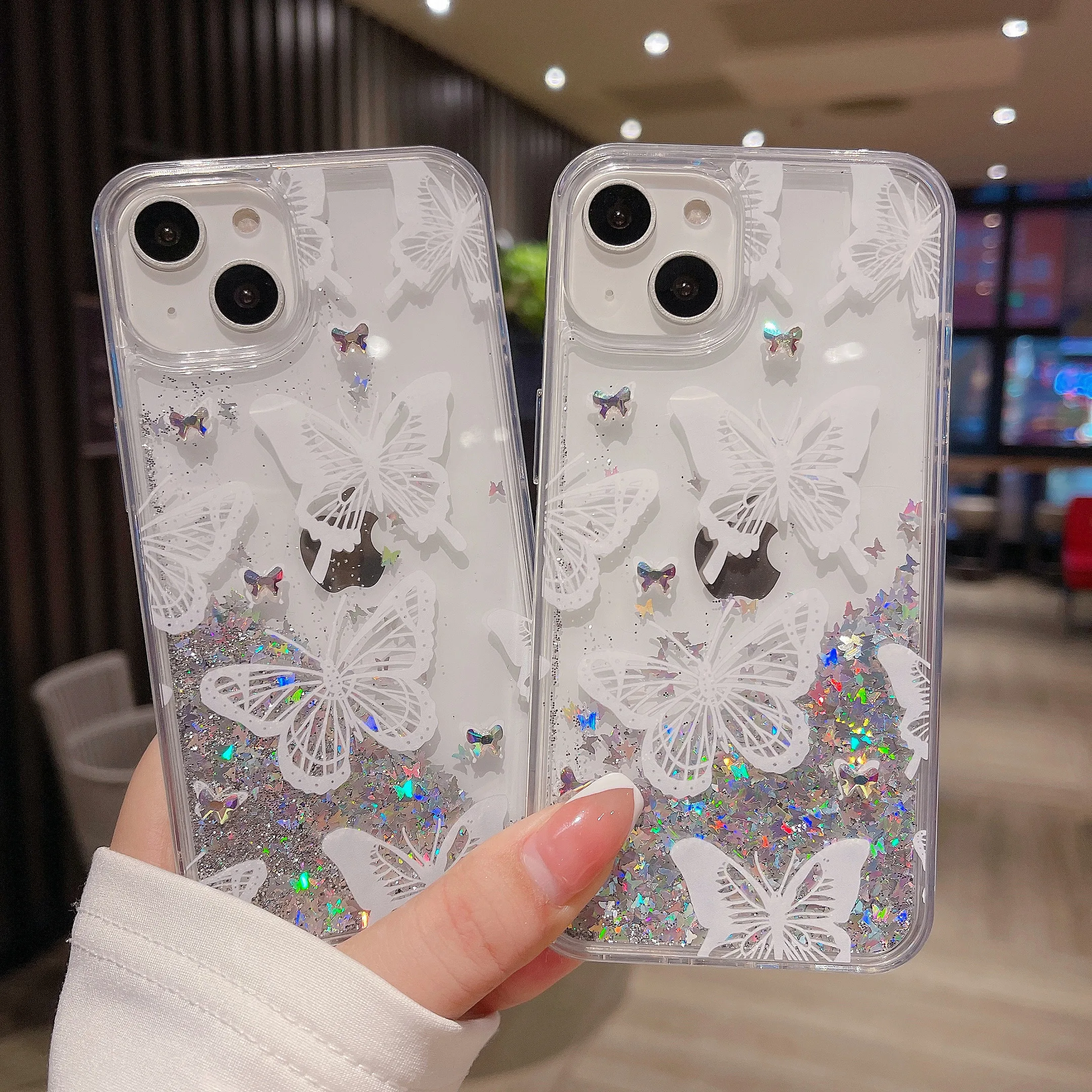 

3D quicksand Diamond butterfly pattern for IPhone 14 14Pro 14Promax 13 13Pro 13Promax 15Pro 12 12Promax Straight edge hard shell