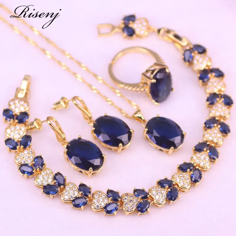 BlueStoneWhiteZirconRoseGoldCostumeJewelryForWomenAdjustable