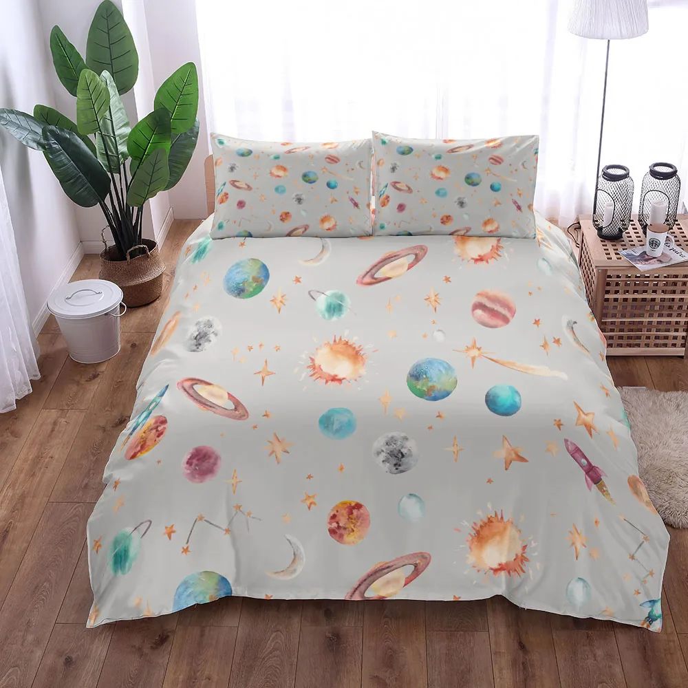 Dinosaur Space Night Duvet Cover Set King Queen Double Full Twin Single Size Navy Bed Linen Set 6