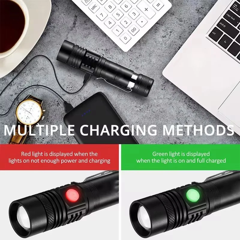 Led Flashlights High Power Zoomable Camping Torch T6 LED Lamp Beads Waterproof 4 Lighting Modes Multi Function USB Charger