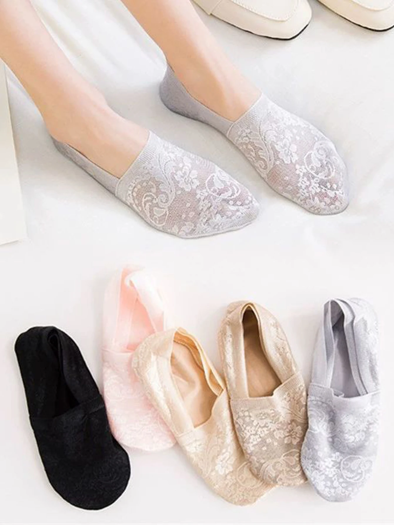 5 Pairs Fashion Women Girls Summer Socks Style Lace Short Antiskid Invisible Sock