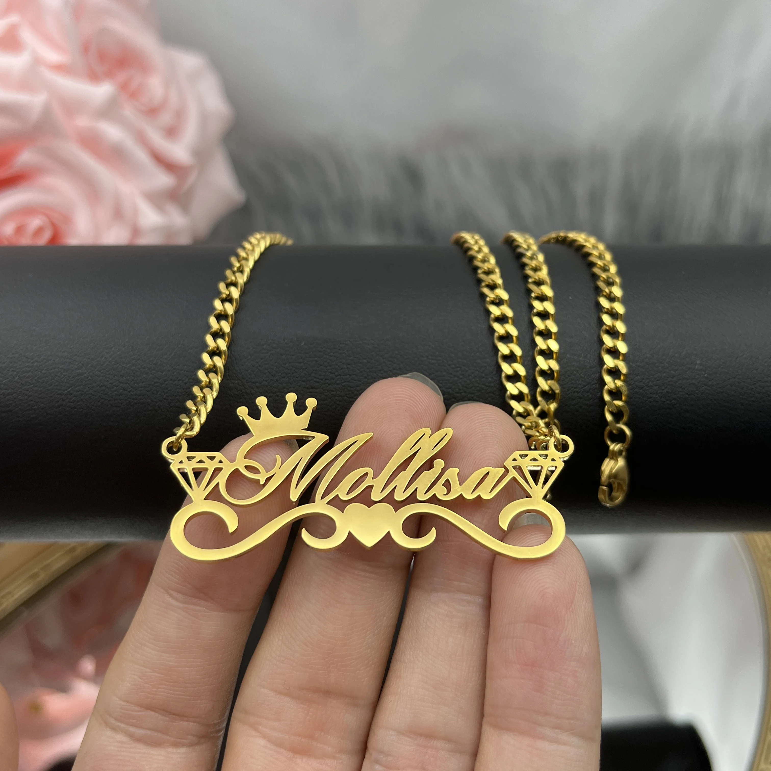 Custom Name Necklace with Crown Personalized Cuban Chain Necklace Stainless Steel Nameplate Necklace for Women Gift