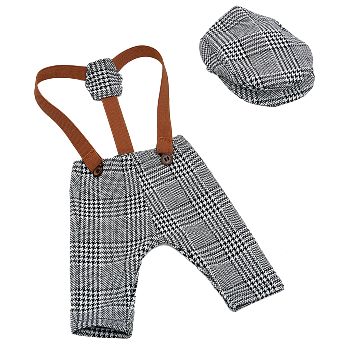 Photography Outfits Plaid Suspender Pants with Cap Photo Prop Clothes Photo Accessories Shower Gifts 0- 1 Month Grey