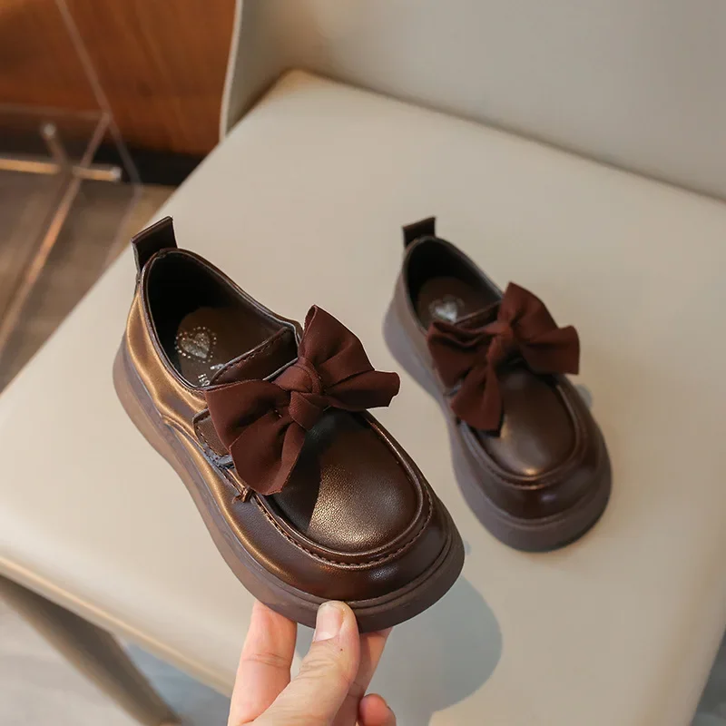 Girls Princess Leather Shoes Sweet Bowtie Children Causal Mary Jane Shoes Fashion Solid Color Kids School Dresses Black Shoes