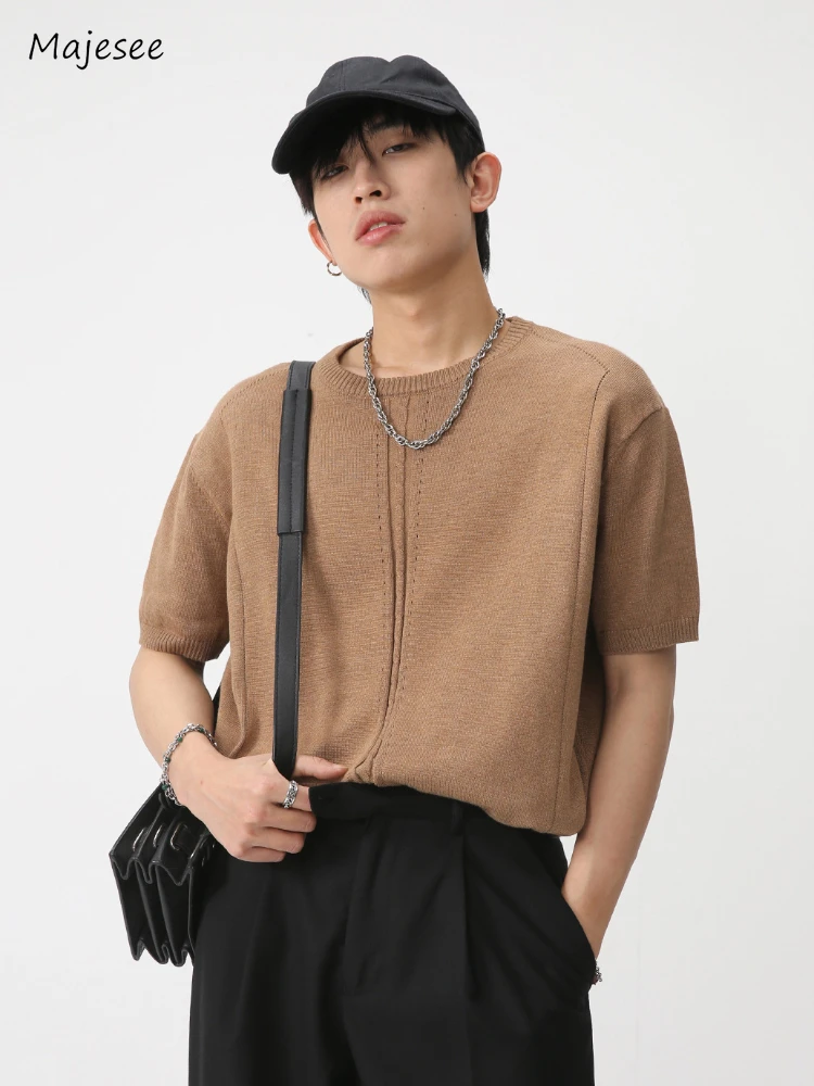 

Half Sleeve Sweaters Men Simple All-match Daily Summer Solid Color Minimalist O-neck American Style Male Baggy Pullovers Classic