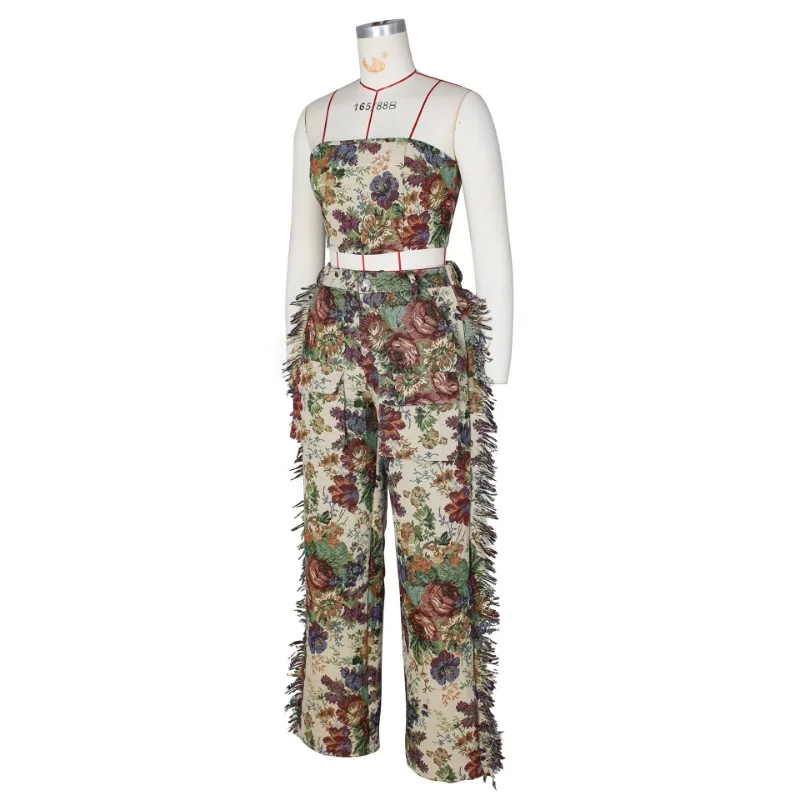 2024 Summer Plant Flower Printed Loose Casual 2 Piece Set Women Off Shoulder Bandage Strapless Crop Top Tassel Pants Streetwear