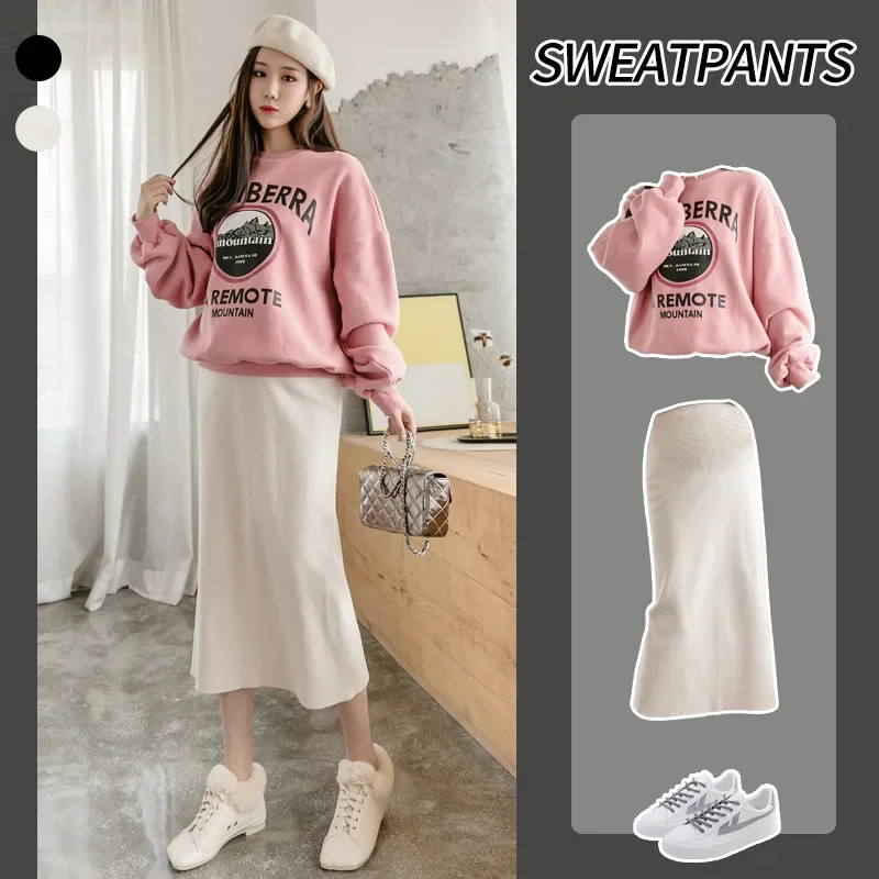 Maternity Midi Skirt Knitted Wool Fetal Belted Back Split Bodycon Skirt Fashionable Mommy Autumn Winter Fashion Women's