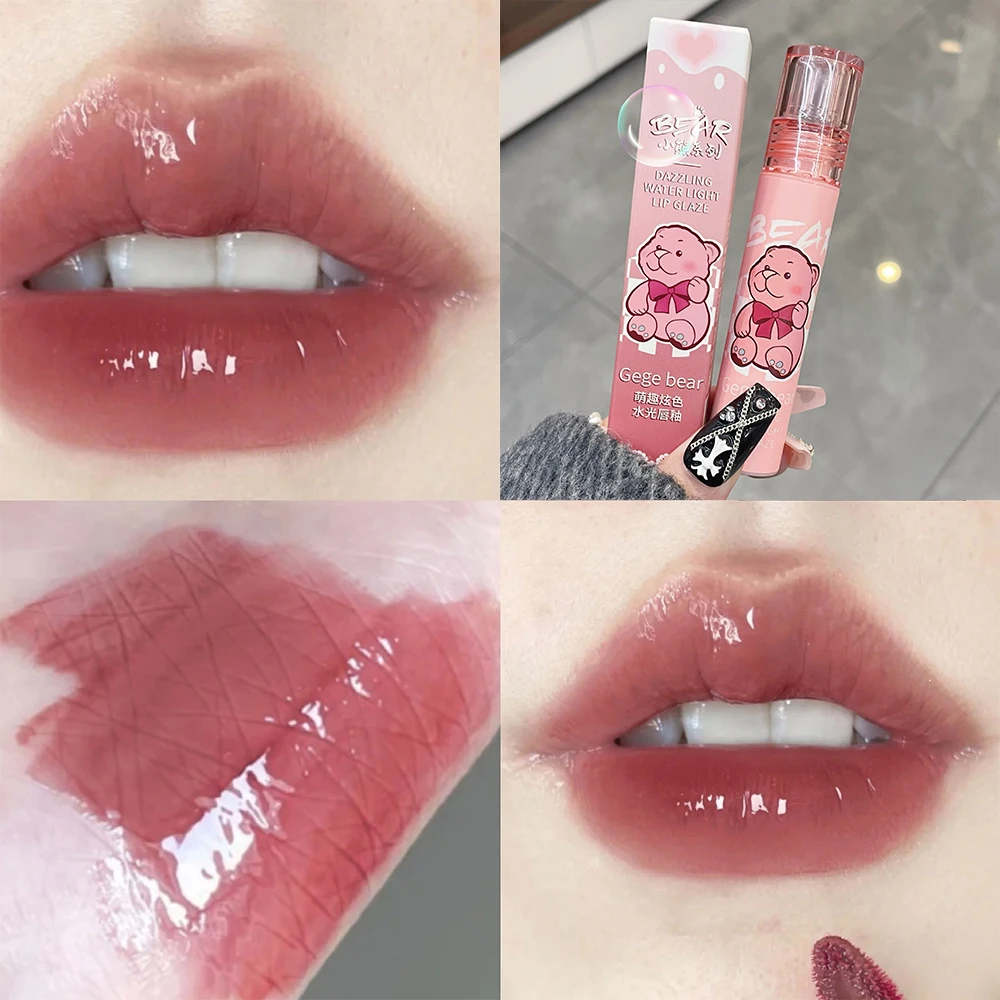 Jelly Lip Gloss Cute Bear Mirror Transparent Red Lip Glaze Lating Non-sticky Moisturizing Liquid Lipstick Lips Makeup Cosmetics