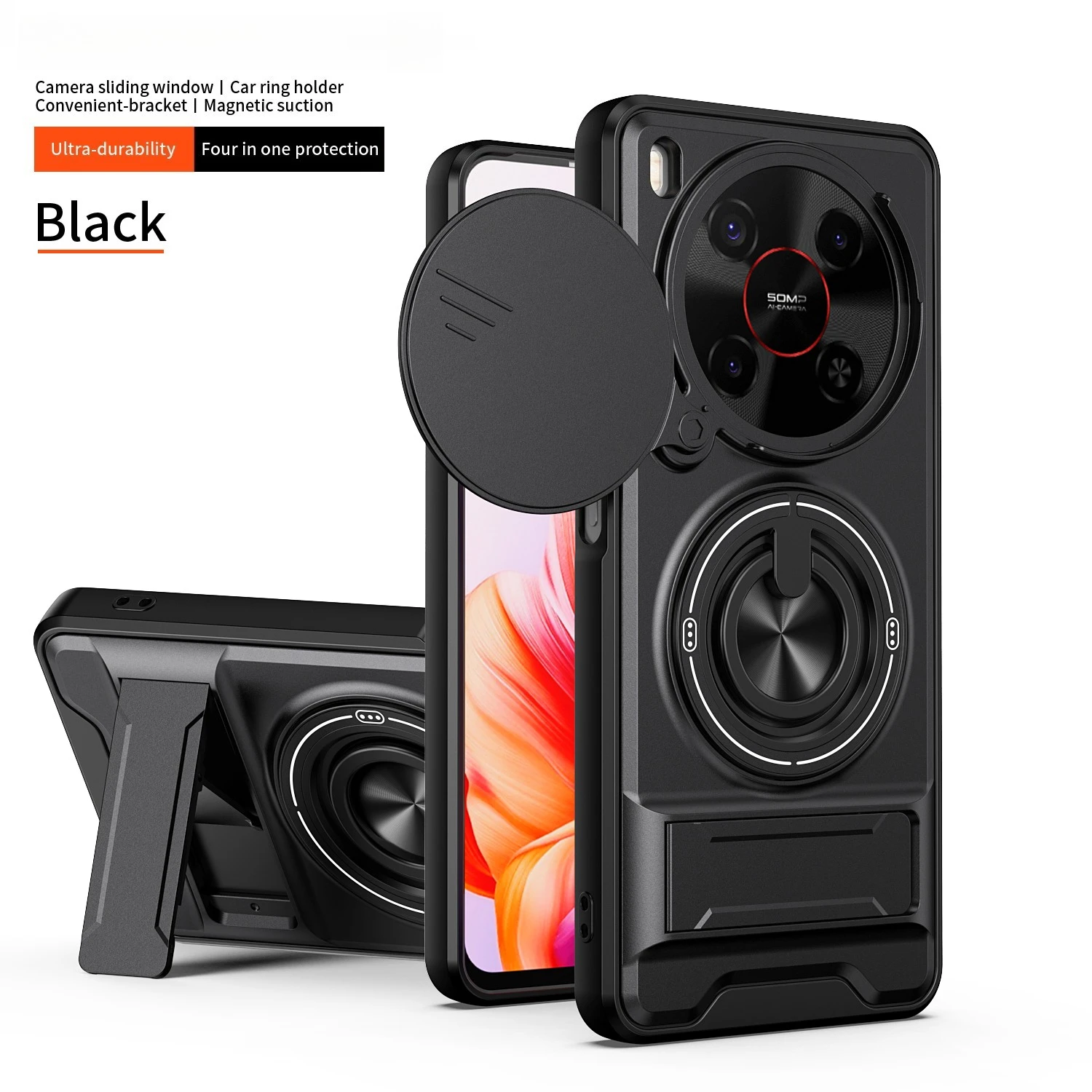 Enhanced Protective Phone Case with Slide Cover and Rotating Magnetic Ring Holder