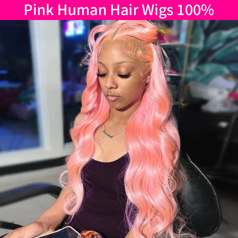 Pink Human Hair Wig Body Wave Lace Front Wig 13X6 Hd Lace Frontal Wig 250 Density Brazilian Hair 38 Inch Colored For Black Women