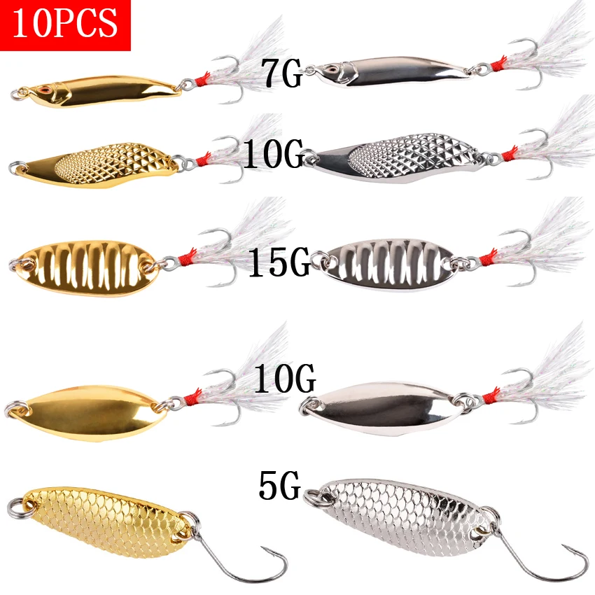 

10PCS/Lot Lure Metal Spinner Lure Spoon Set Gold Fishing Spinner Lure Sequins Treble Hooks Fishing Tackle Hard Bait