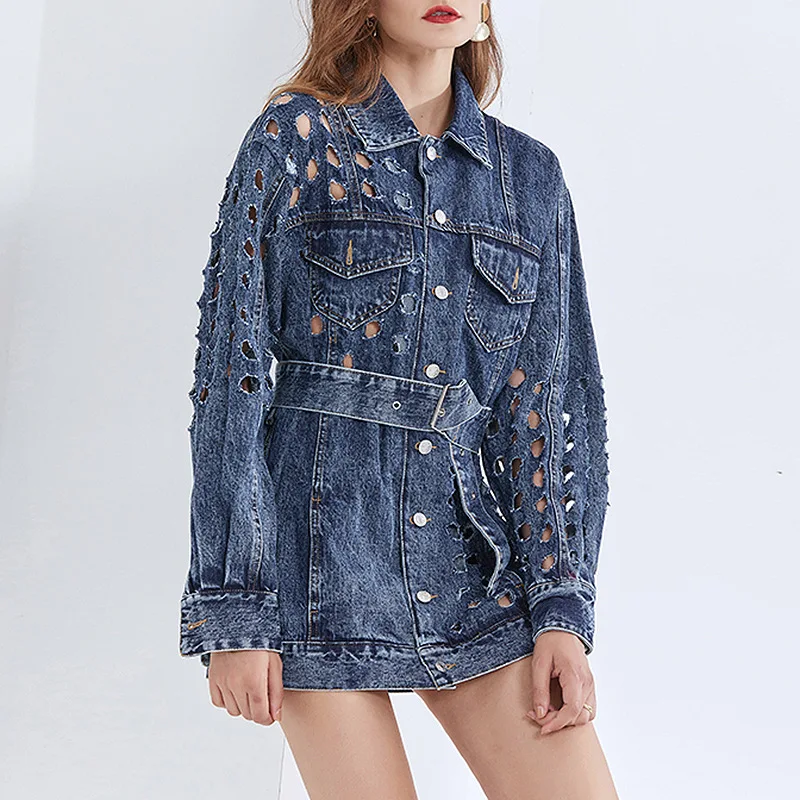 

Casual Chic Jacket For Women Lapel Long Sleeve Sashes Hollow Out Solid Denim Jackets Female Fashion New Clothing