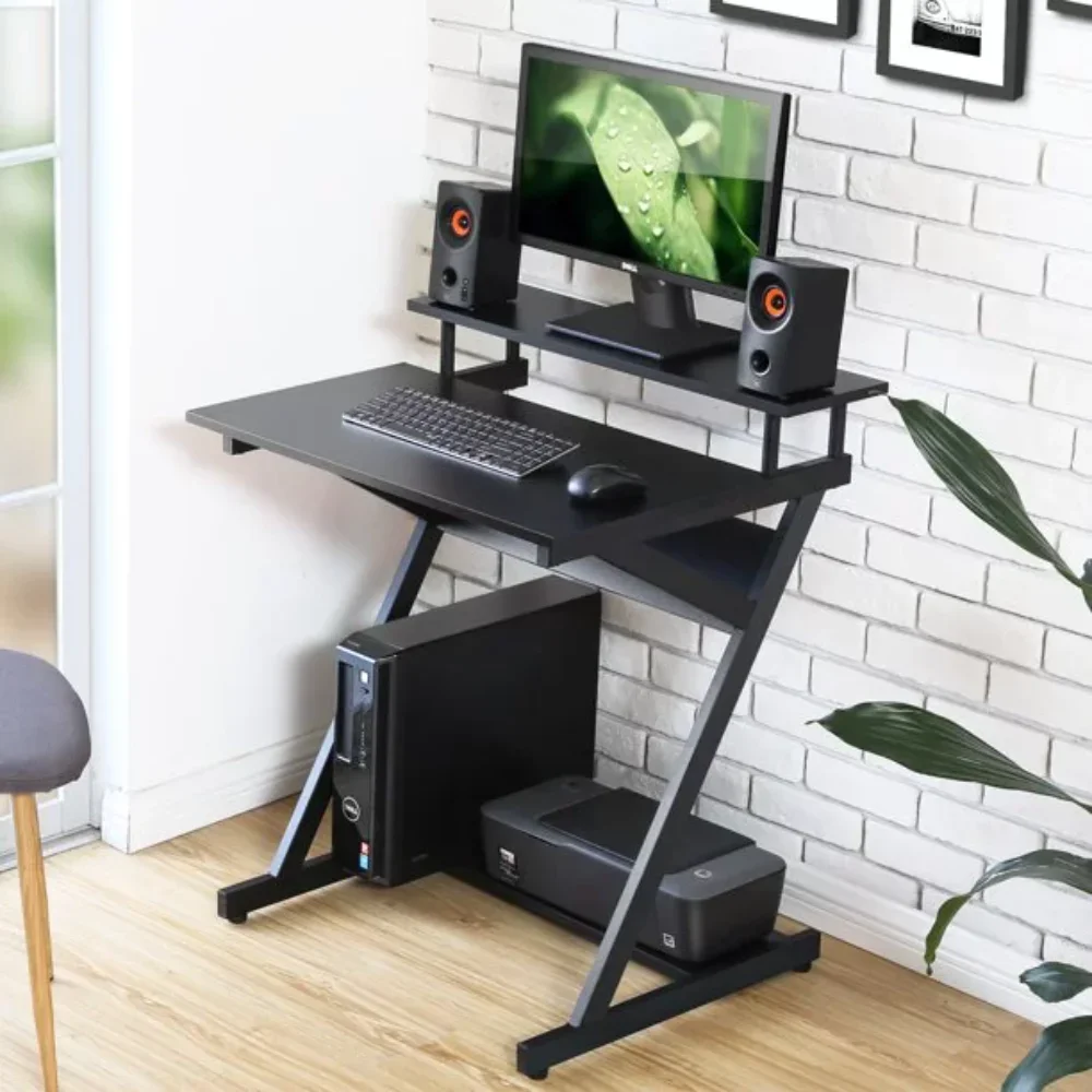 

27-Inch Computer Desk for Small Spaces,Small Desk with Monitor Shelf & Bottom Storage Shelves, Black