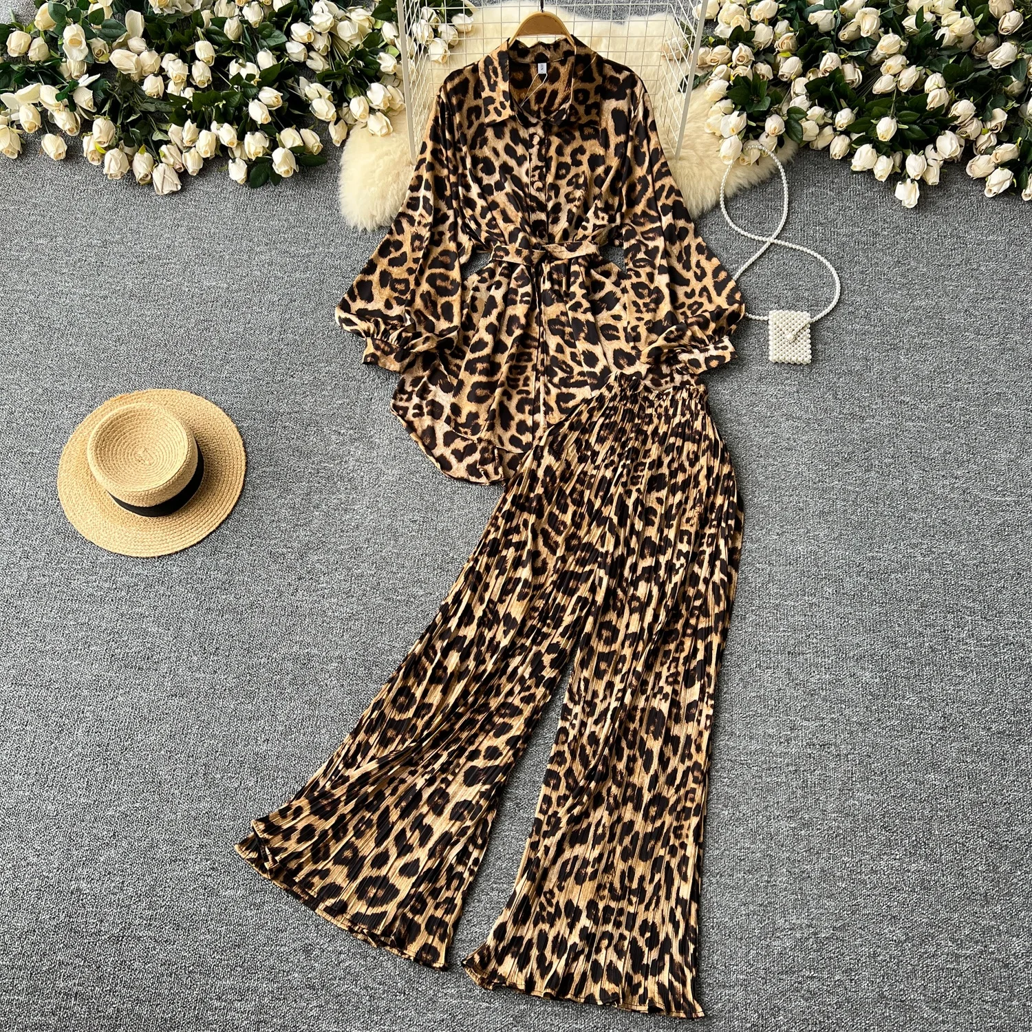 Clothland Women Vintage Print Blouse Pants Suit Loose Long Sleeve Belt Long Shirt Wide Leg Trousers Fashion Two Piece Set TA467