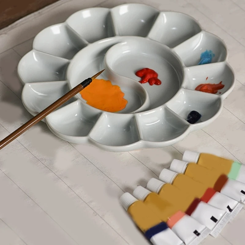 Handmade Celadon Palette Plum Blossom-Shaped Watercolor Paint Tray Ru Kiln Ceramic Plate And Pen Holder