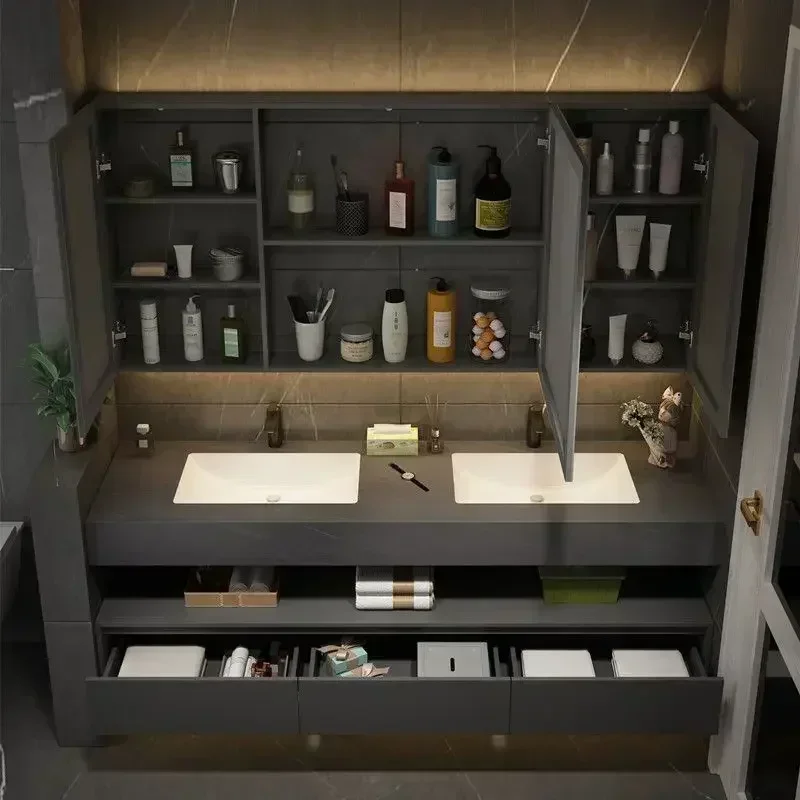 Mirror Cabinet, Bathroom Vanity, Rock Board, Single and Double Sink Floating, with Smart Mirror, Suitable for Bathroom Bathing