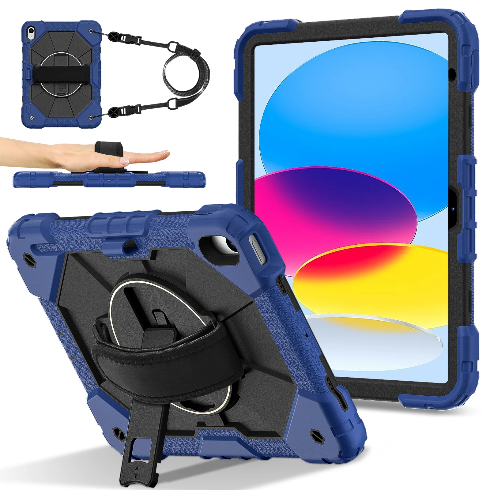 360 Rotatable Universal Protective Case for Tablets with Hand and Shoulder Strap - 3-Layer Hybrid Cover, 11-Inch