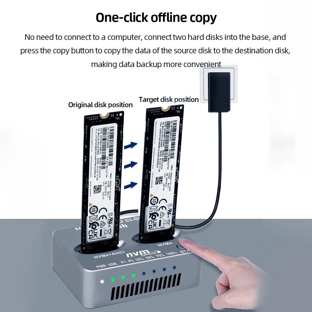 듀얼 베이 M.2 NVME SSD 복제 USB3.2 타입 C M.2 SSD 인클로저 Gen2X 20Gbps 솔리드 디스크 케이스 M.2 M.3 NVME PCI-E M2 SSD M 키 SSD용