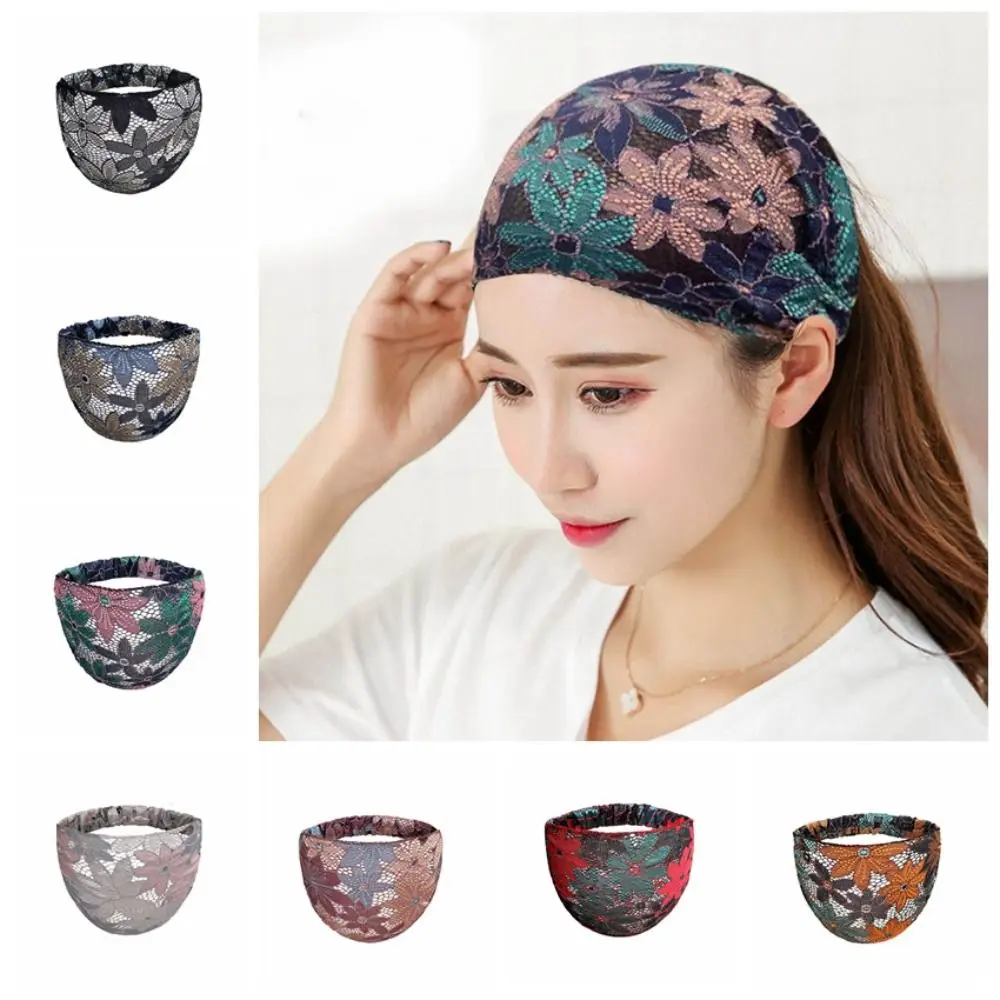 Temperament Non Slip Mesh Flower Headband Hollow Hair Hoop Lace Hairbands Korean Style Headwear Wide Side Head Wrap Daily
