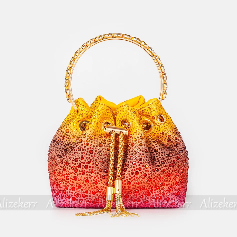 Tassel, Handbag, Bucket, Diamond, Colorful Women's New Round Metal Handle, Crystal Handbag, Bride's Wedding Party, Women