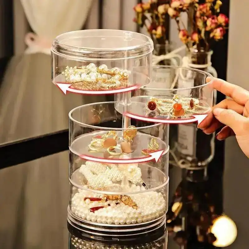 Rotating Jewelry Storage Box For Makeup Storage Rack Bracelet Earring Round Plastic Organizer Box Holder Display Rack With Cover