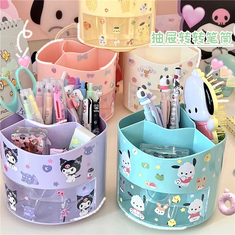 

Kawaii Sanriod Anime Hobby Cinnamoroll My Melody Kuromi Pochacco Desktop Transparent Rotatable Large-Capacity Pen Holder