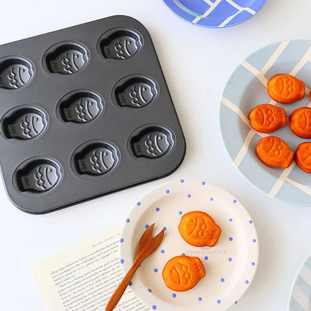 

9 Cavity Fish Shape Bakeware Madeleine Taiyaki Carbon Steel Baking Mould Bread Mousse Cheesecake Cup Cake Muffin Cake Pan