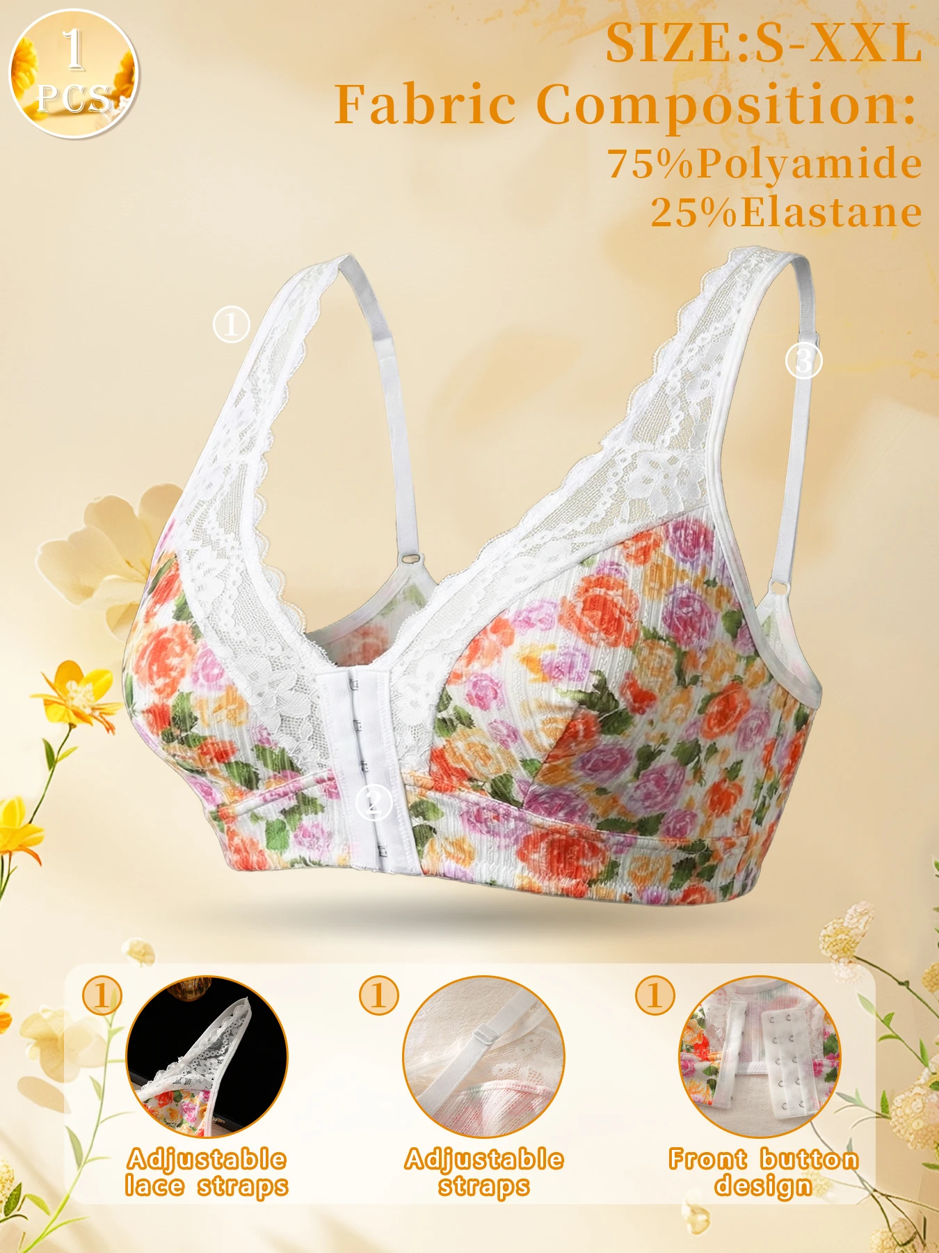 1pc Women's Floral Print Wireless Bra, Lace Trim Adjustable Straps Front Closure Comfort Bralette (S-XXL) 3