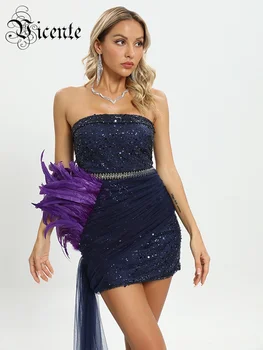VC 여성용 섹시한 스트랩리스 네이비 블루 메쉬 패치워크 스팽글 드레이프 미니 타이트 드레스, 보라색 깃털, 칵테일 파티 드레스 VC 여성용 섹시한 스트랩리스 네이비 블루 메쉬 패치워크 스팽?