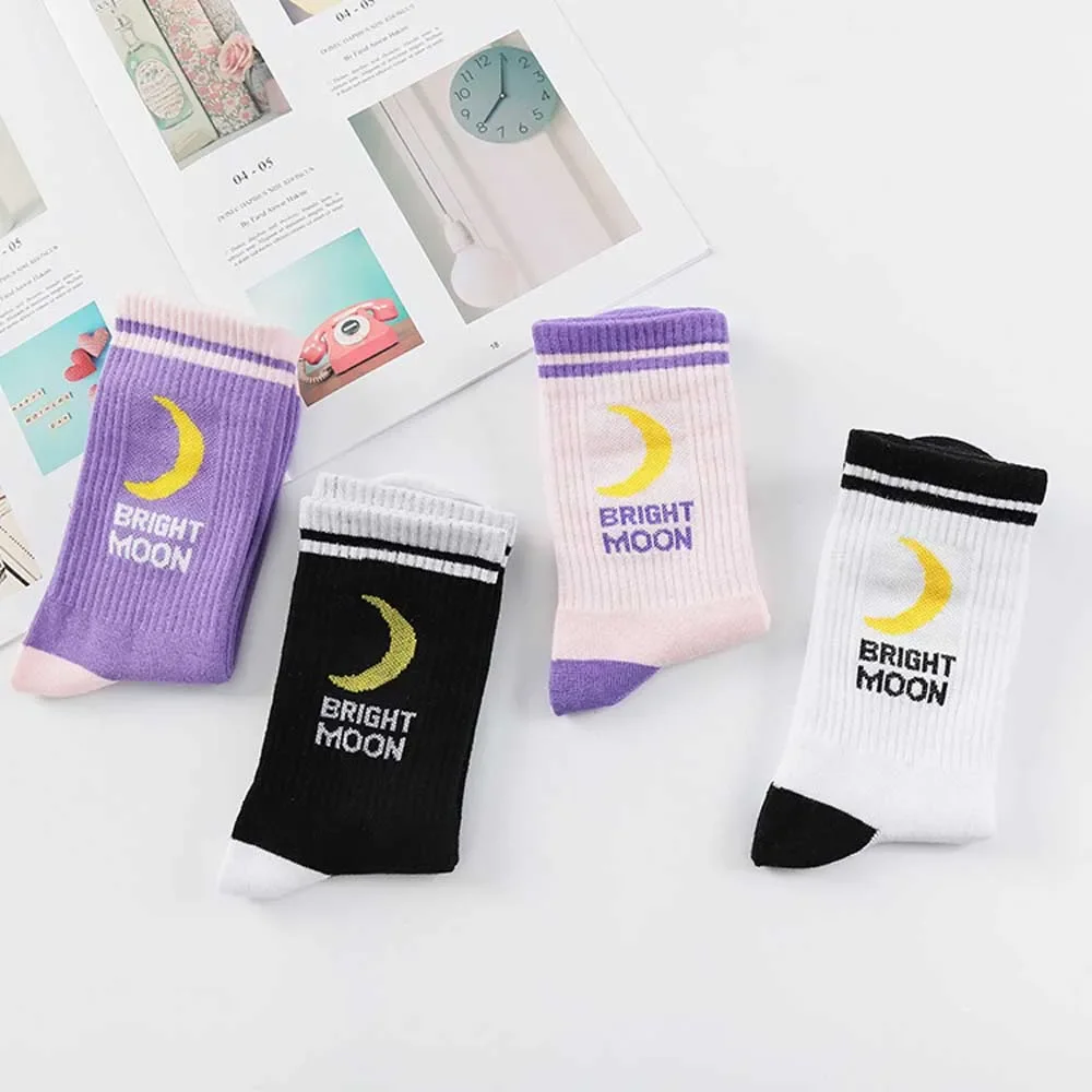 Cotton Crew Socks for Men and Women with New Moon Letters Stripes Print