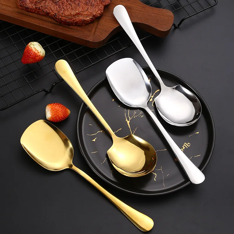 Cutlery Set Kitchenware Accessories Golden Stainless Steel Food Service Spoon Large Rice Shovel Tableware Long Handle Square Spatula Kitchen Gadgets For Home