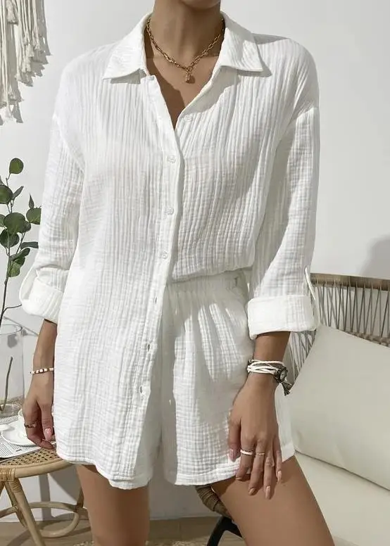 

Cotton and hemp Women Fashion Solid Two Piece Summer Outfit Turn-Down Collar Long Sleeve Shirt & Casual High Waist Shorts Set