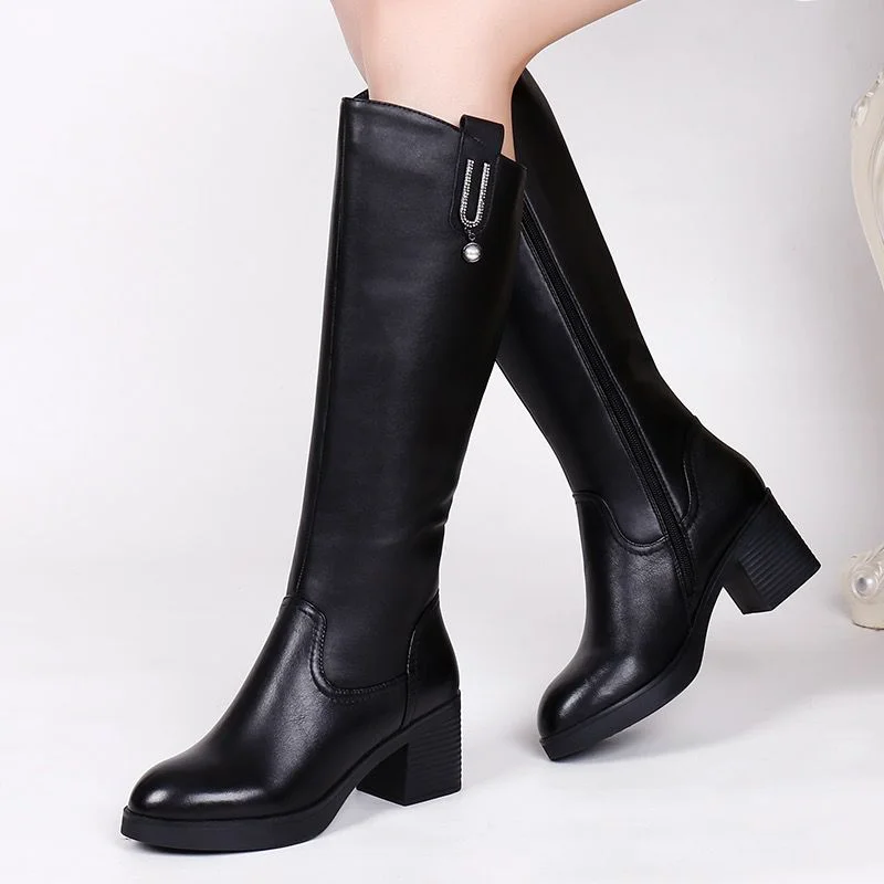 Botas hasta la rodilla De cuero Natural para Mujer, zapatos cálidos De felpa, otoño e Invierno, 2022