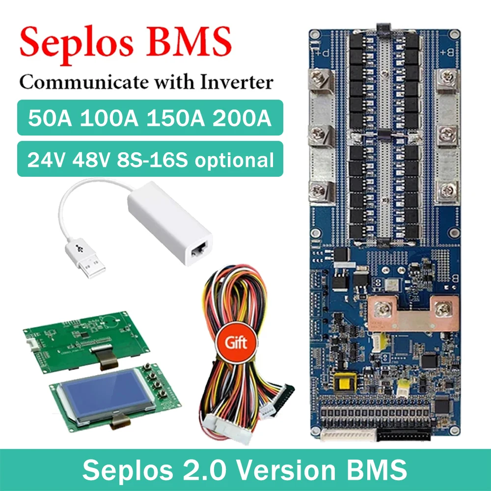 Seplos 스마트 BMS 리튬 이온 LiFePo4 BMS, 48V CAN/RS485 보드, 블루투스 인버터 8S 13S 14S 15S 16S 50A 100A 150A 200A