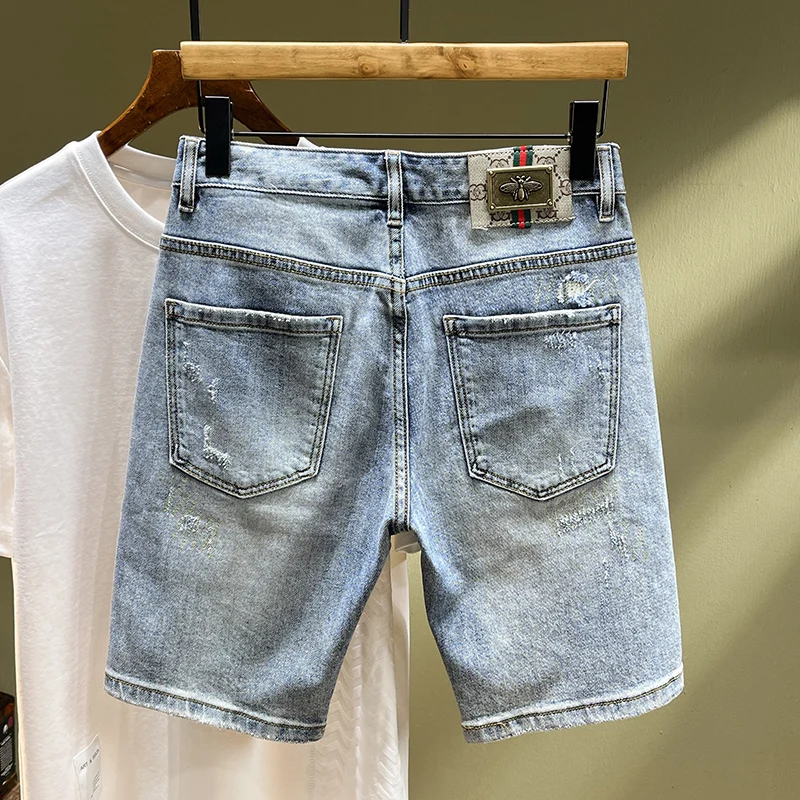 2024 Summer New Street Fashion Flap Demin Men's Patchwork Grunge Men's Denim Shorts Heavy Duty Washed Blue Pants