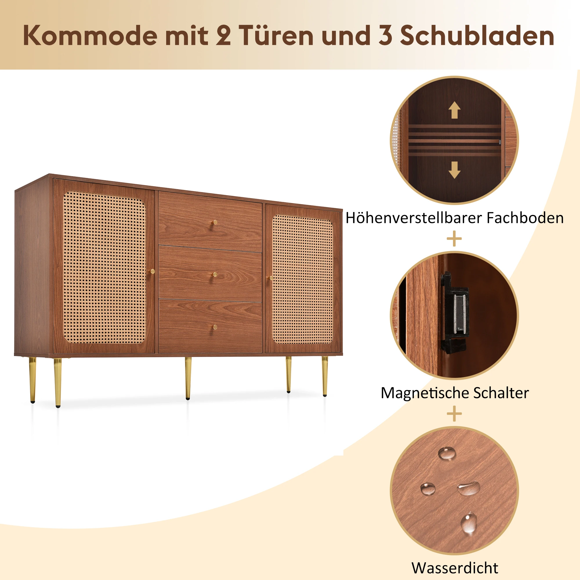 Kommode mit 2 Türen, 3 Schubladen, Rattanschränken, verstellbarem Regal, Walnuss-Finish – H90/B150/T40 cm. – Detail 11