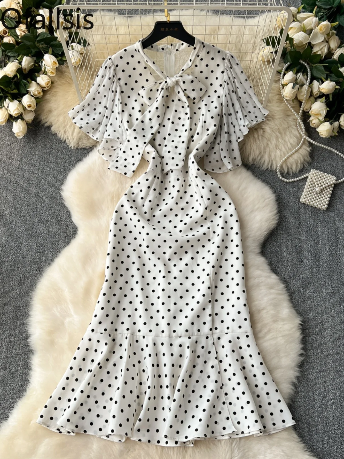 

Женское платье в горошек Ofallsis, зеленое элегантное приталенное платье с бантом, летний сезон 2024