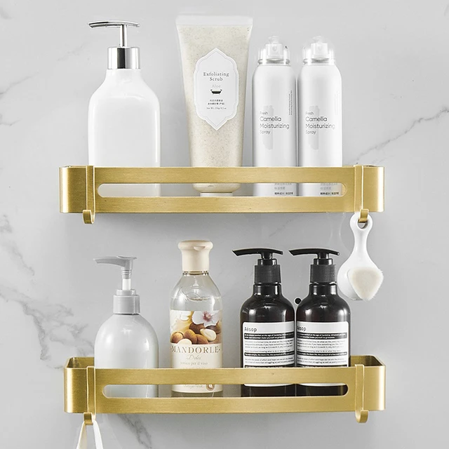 Brushed Gold Bathroom Shelf with Hooks Aluminum Rectangle Kitchen Bathroom  Shower Gel Soap Shampoo Storage Organizer Rack Holder