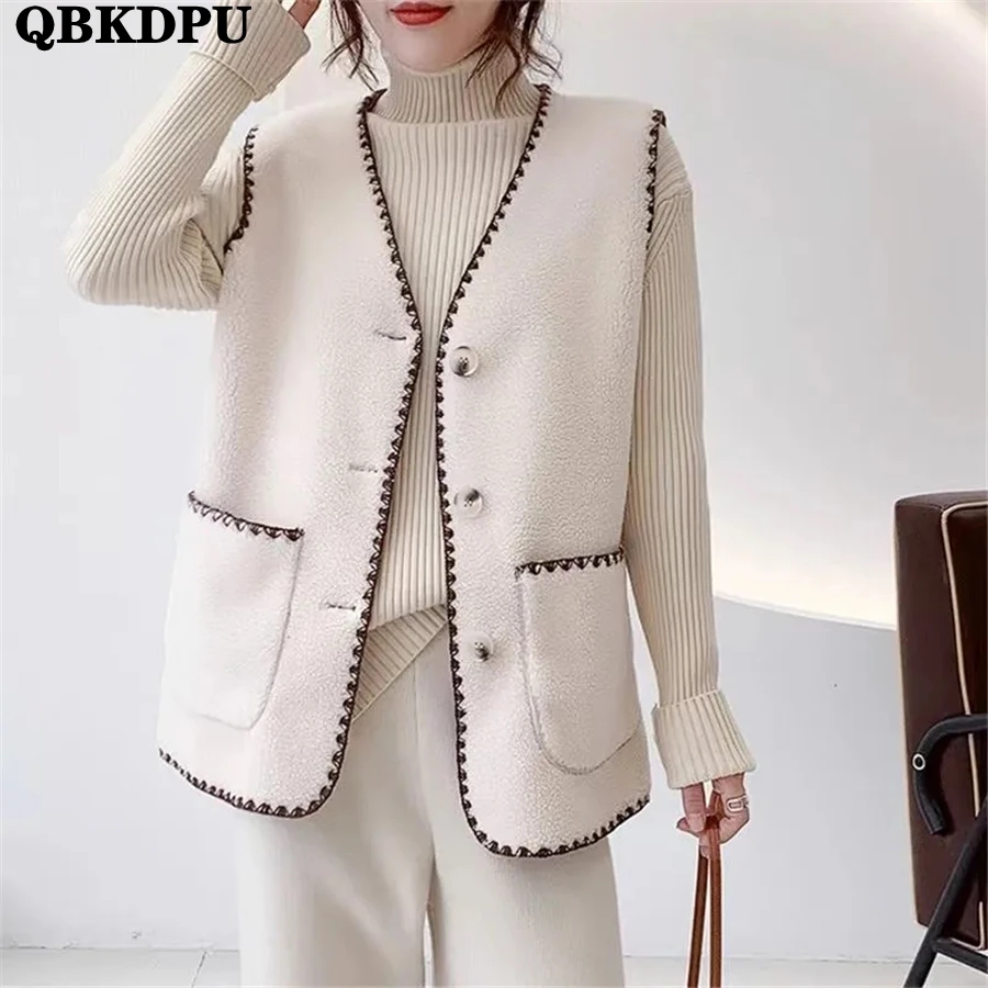 

Vintage V-Neck Fleece Fur Vests Spring Women Teddy Coat Casual Veste Sans Manche Loose Sleeveless Jacket Korean Elegant Chalecos